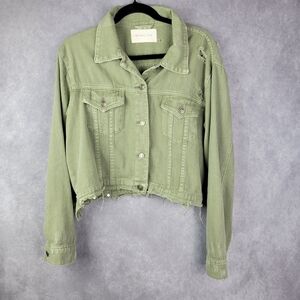 MUSTARD SEED Distressed Detail Cropped‎ Denim Jacket with Chest Pockets Green M